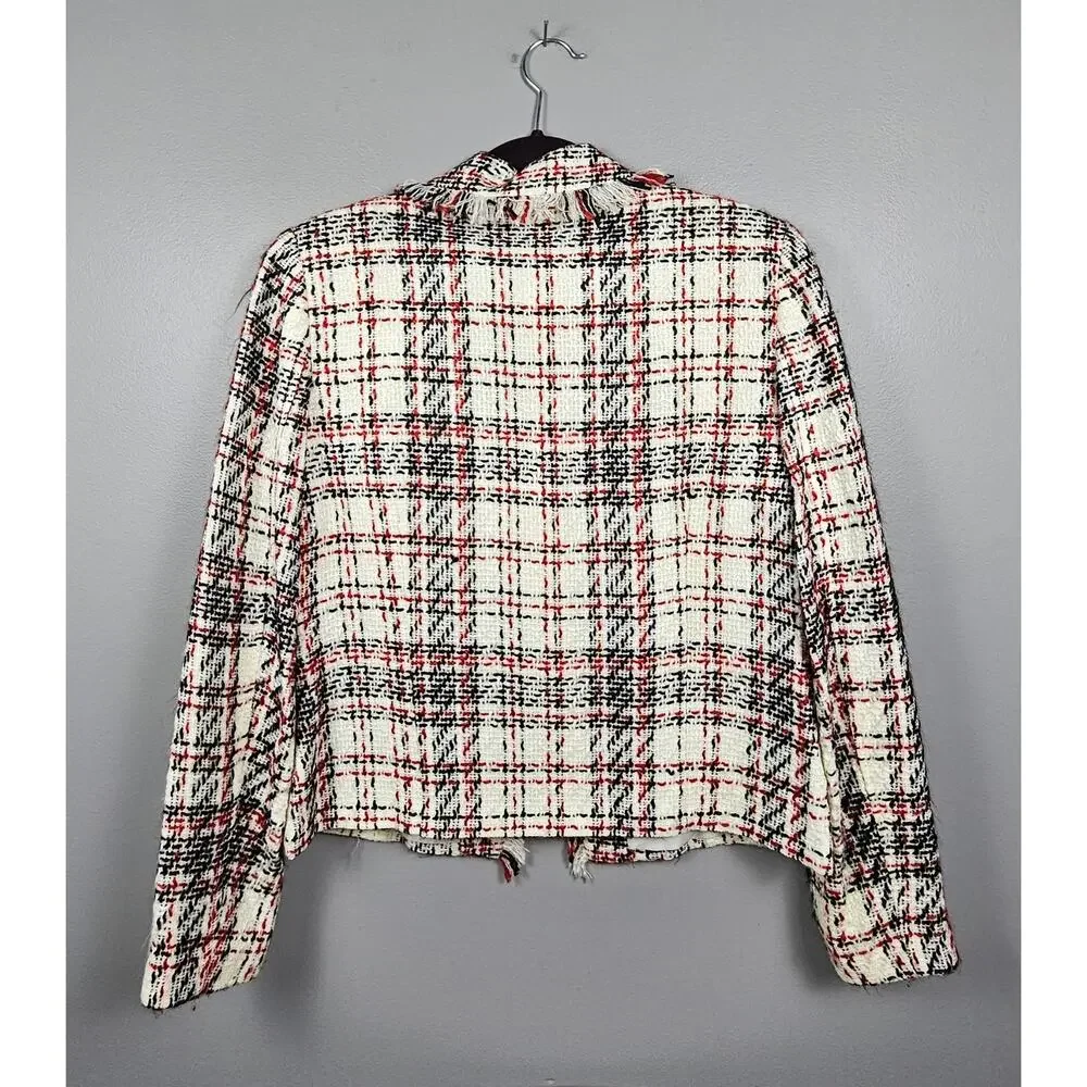 Studio C Tweed Plaid Short Blazer Jacket Ivory Black Red Frayed Trim‎ Lined 14